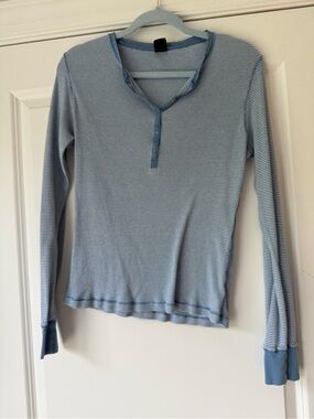 Gap Light Blue Striped Long-Sleeve Henley Top, Large